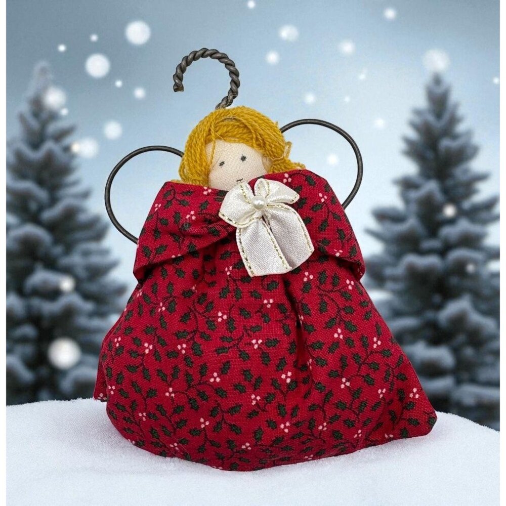 Fabric Holly Angel Christmas Tree Ornament Red Gown Handmade Folk Art Holiday
